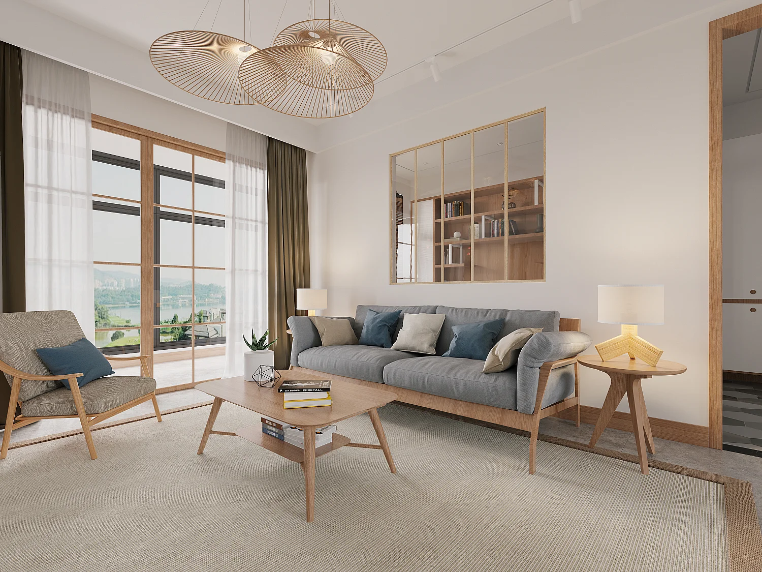 Glazen binnenraam van gepoederlakt aluminium - 150 x 130 cm - Lichte houtkleur - BAYVIEW