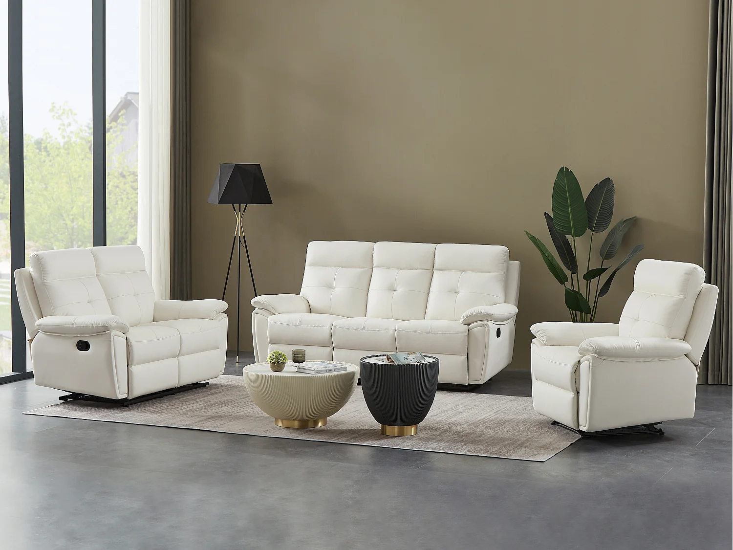 3-zits-relaxbank en relaxfauteuil van wit leer met eigentijdse stijl VINETA