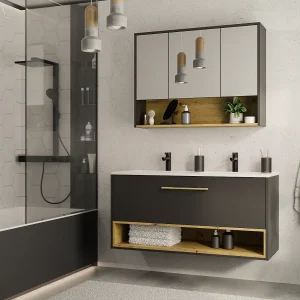 Hangmeubel voor badkamer met dubbele inbouwwastafel en toiletkastje, 120 cm, YANGRA