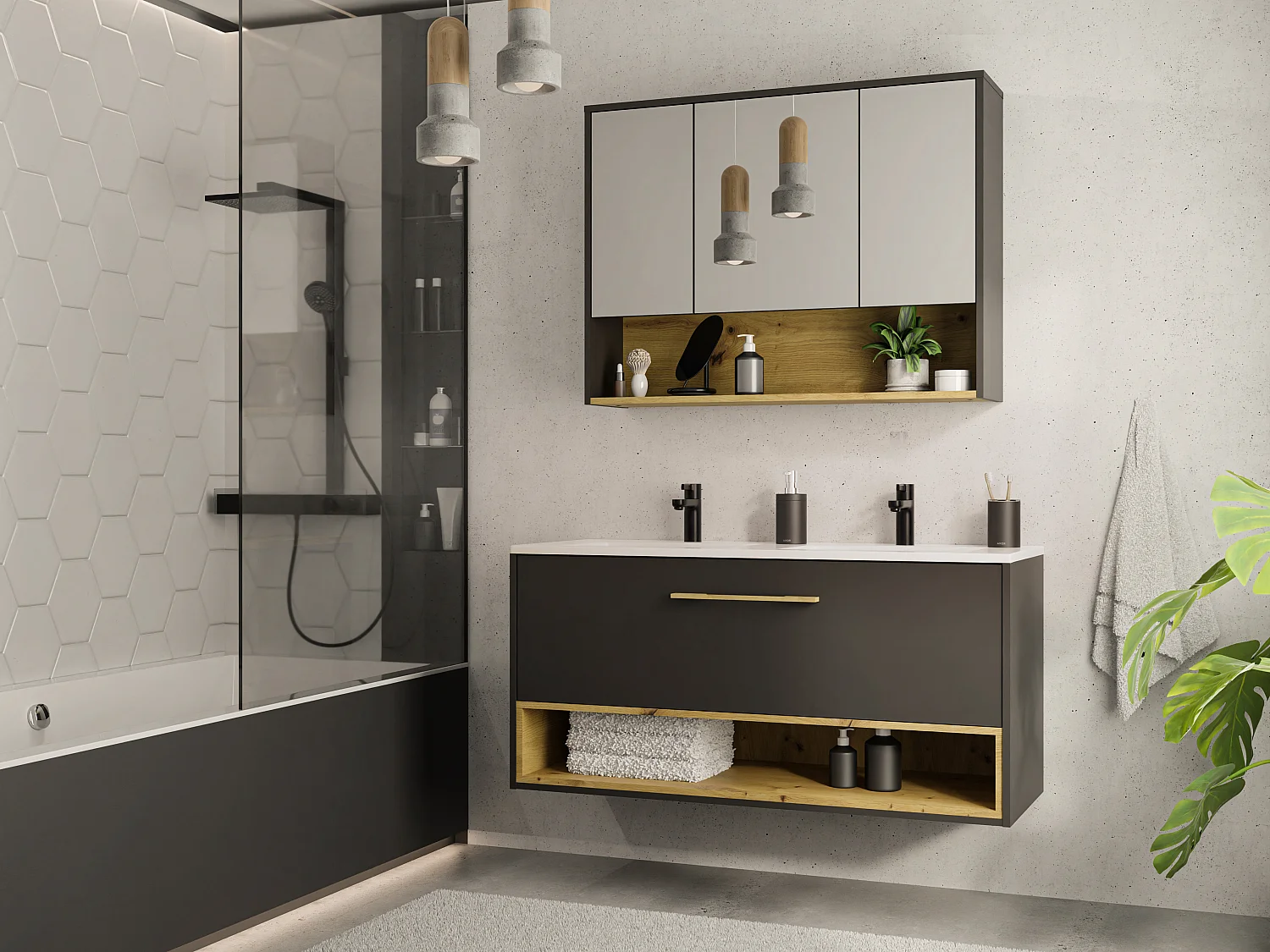 Hangmeubel voor badkamer met dubbele inbouwwastafel en toiletkastje, 120 cm, YANGRA