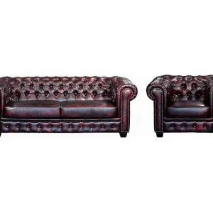driezitsbank + fauteuil BRENTON 100% buffelleer – cherry