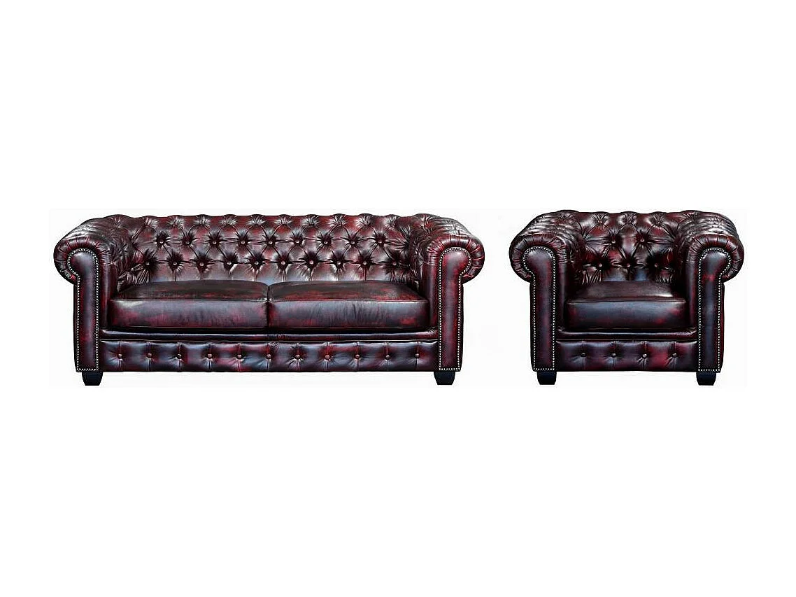 driezitsbank + fauteuil BRENTON 100% buffelleer - cherry