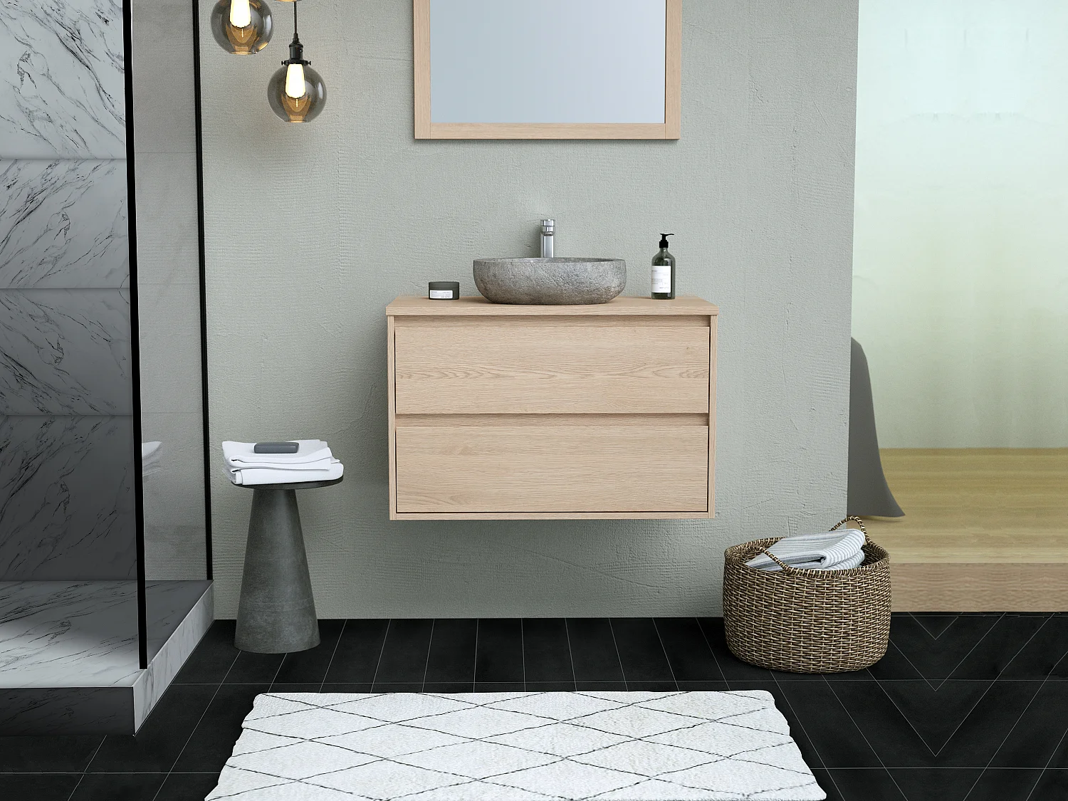 Badkamermeubel met opzetwastafel van steen, 80 cm, MILIPAM