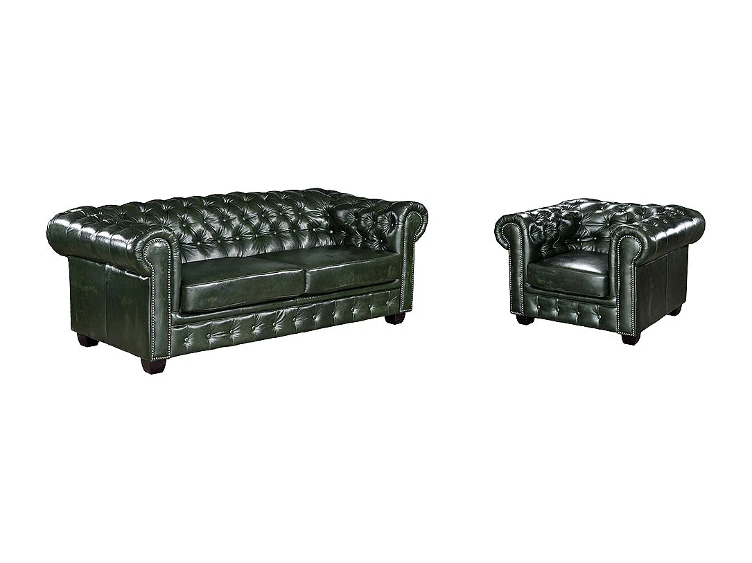 Driezitsbank en fauteuil BRENTON 100% buffelleer - groen