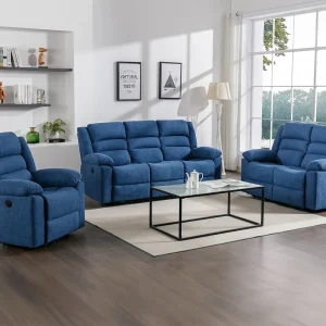 Elektrische driezits- en tweezits-relaxbank en -fauteuil van blauwe stof BUROLO