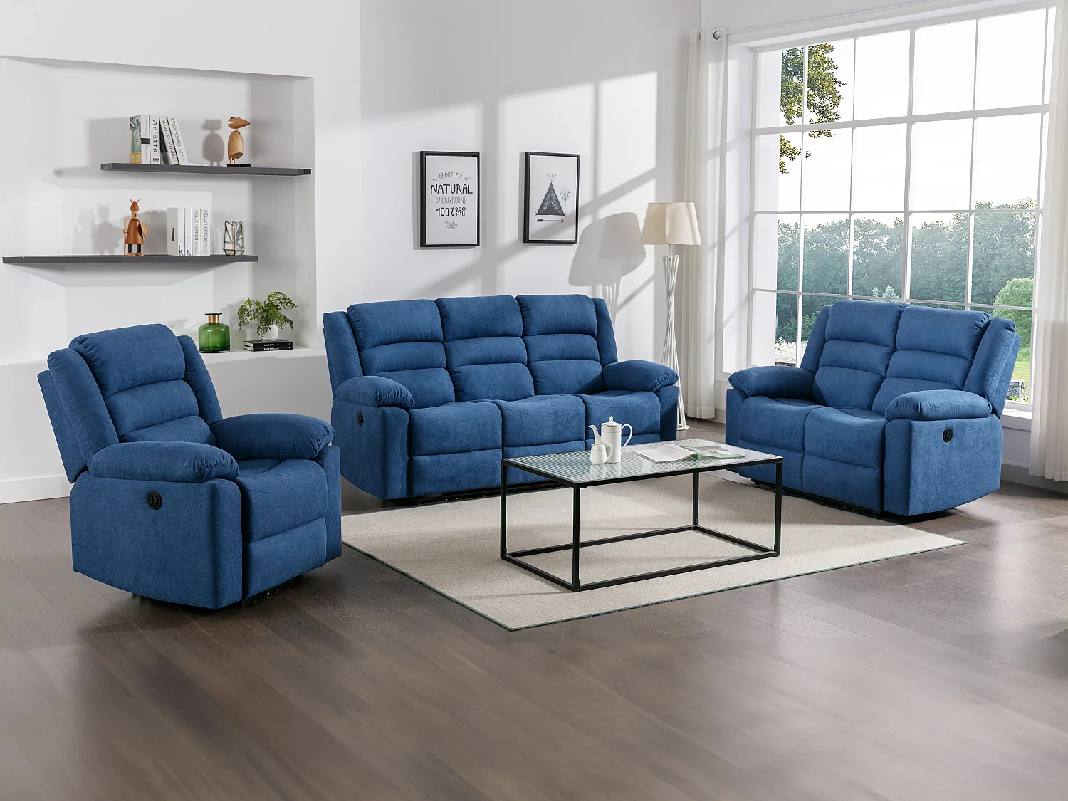 Elektrische driezits- en tweezits-relaxbank en -fauteuil van blauwe stof BUROLO