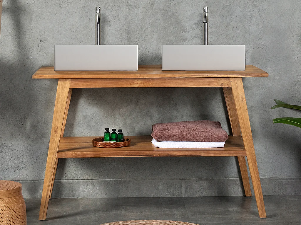 Badkamermeubel in teakhout met dubbele wastafel - 120 cm - BOBOTSARI - Koop nu online