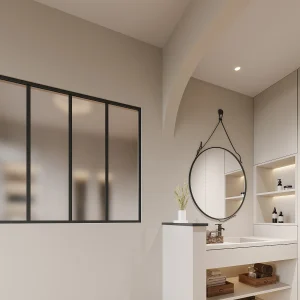 Glazen binnenraam van gepoederlakt aluminium en matglas – 120 x 105 cm – Zwart – BAYVIEW Glazen binnenraam van gepoederlakt aluminium en matglas – 120 x 105 cm – Zwart – BAYVIEW