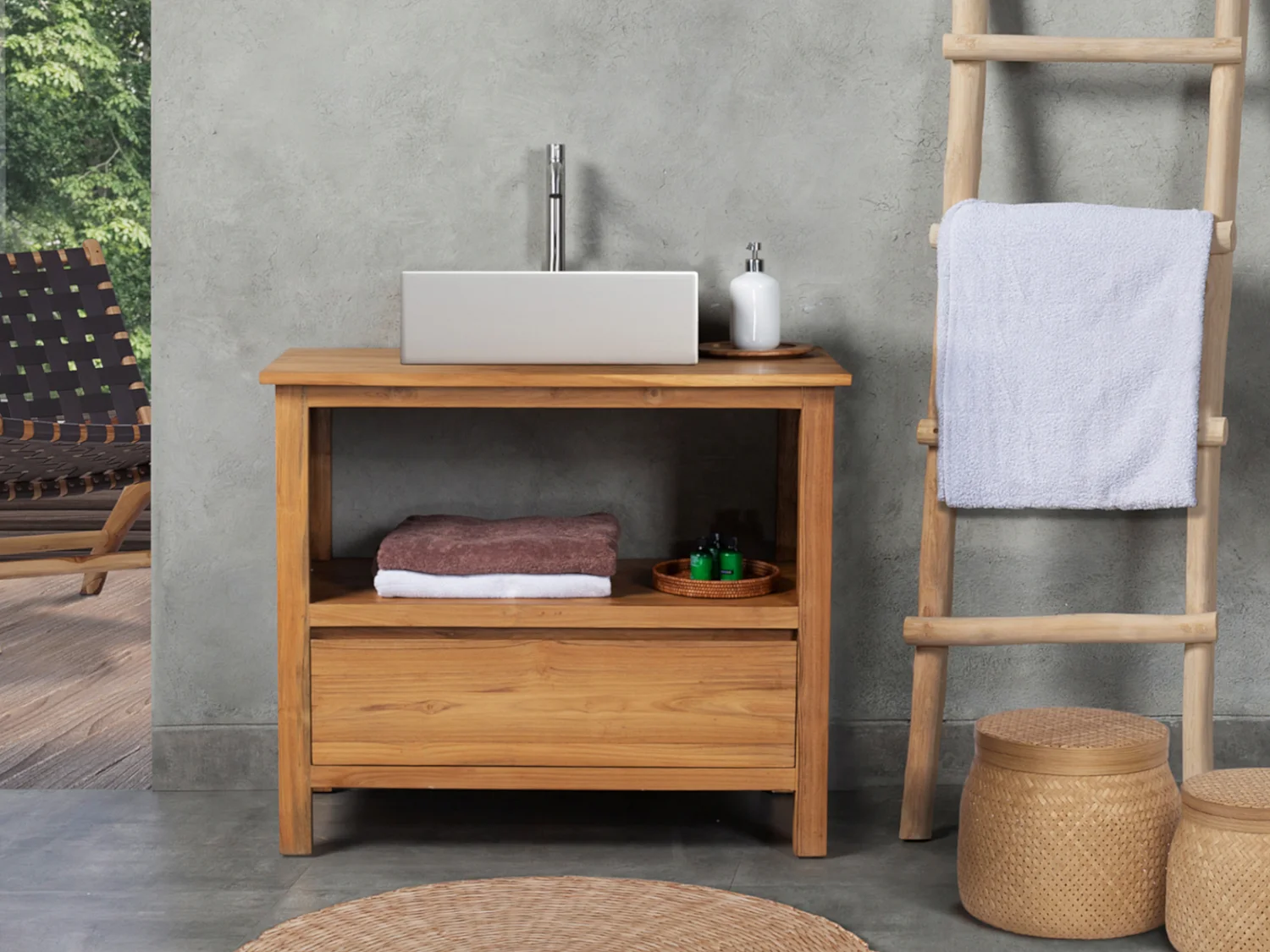Badkamermeubel in teakhout met enkele wastafel - 90 cm - KETAPANG - Koop nu online