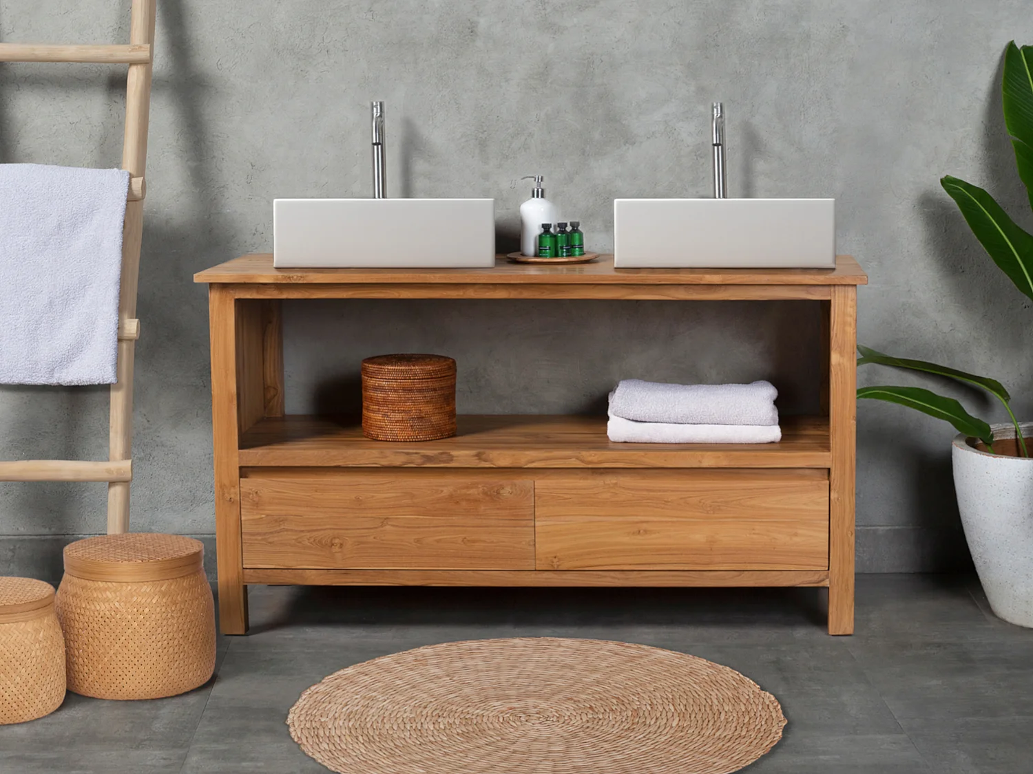 Badkamermeubel in teakhout met dubbele wastafel - 135 cm - KETAPANG - Koop nu online
