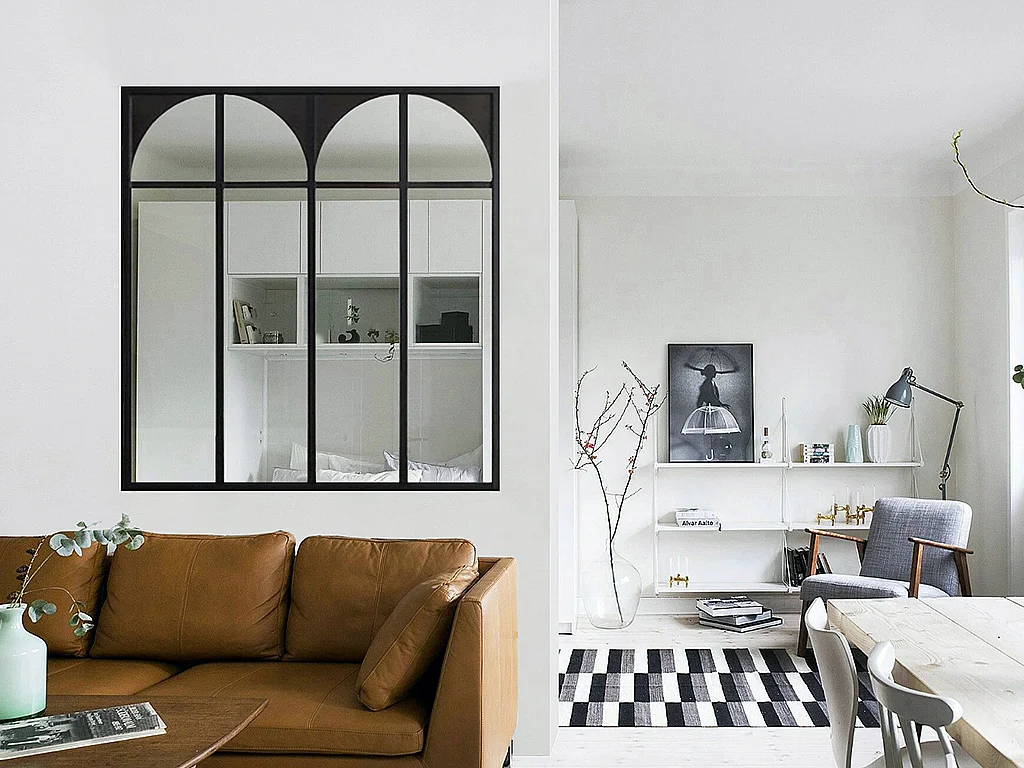 Glazen binnenraam in art-decostijl van aluminium - 120 x 105 cm - Zwart - ARCADEA