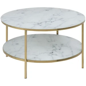 Almaz salontafel Ø80 cm, witte marmer print, goudkleurig chroom.