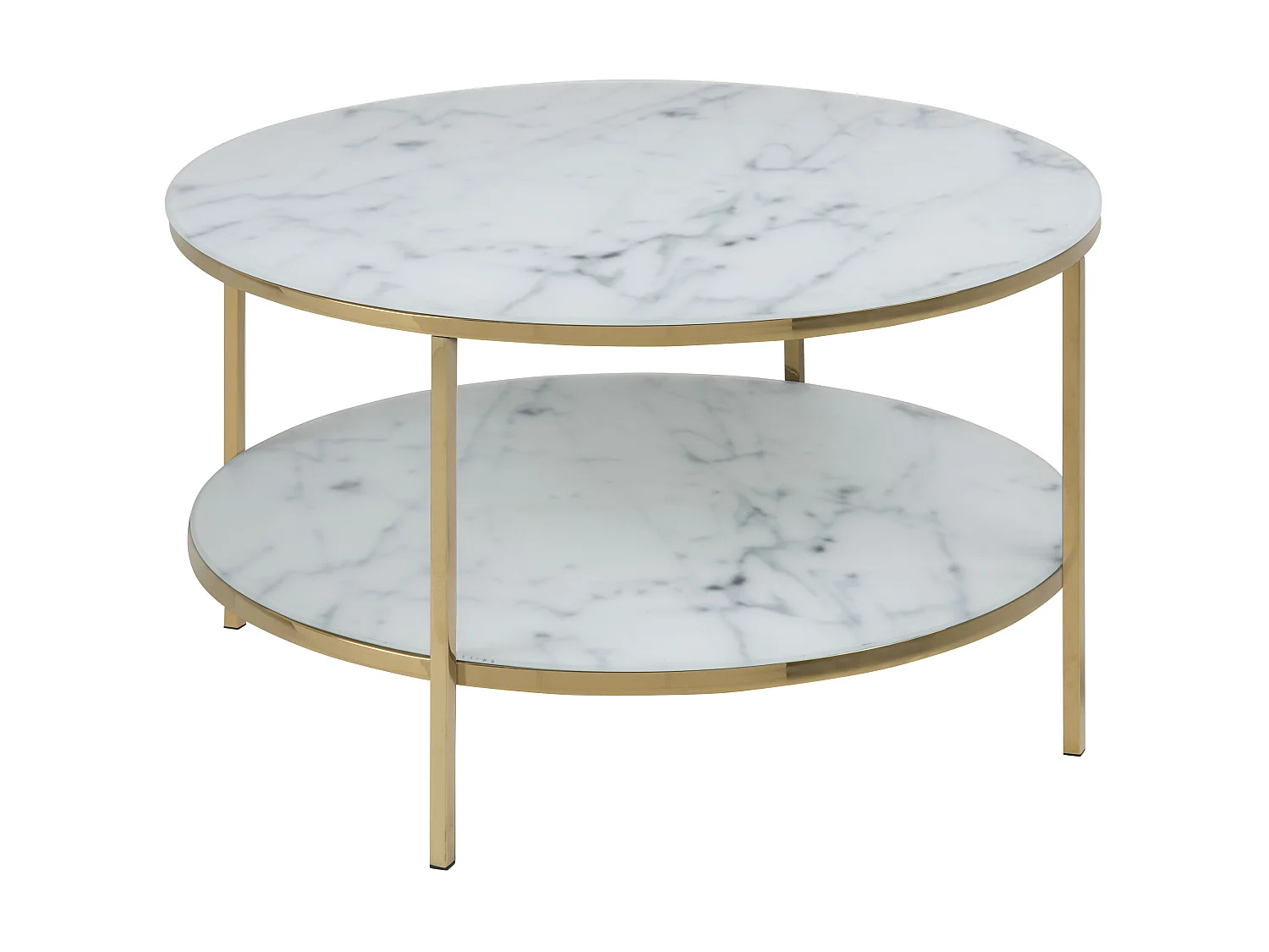 Almaz salontafel Ø80 cm, witte marmer print, goudkleurig chroom.