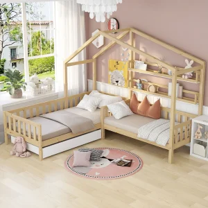2-zits kajuitbed met opbergruimte – 90 x 200 cm + 140 x 70 cm – massief hout – natuurlijke kleur 2-zits kajuitbed met opbergruimte – 90 x 200 cm + 140 x 70 cm – massief hout – natuurlijke kleur