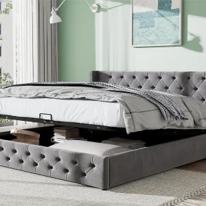 140x190cm fluwelen opbergbed met lattenbodem – Grijs 140x190cm fluwelen opbergbed met lattenbodem – Grijs