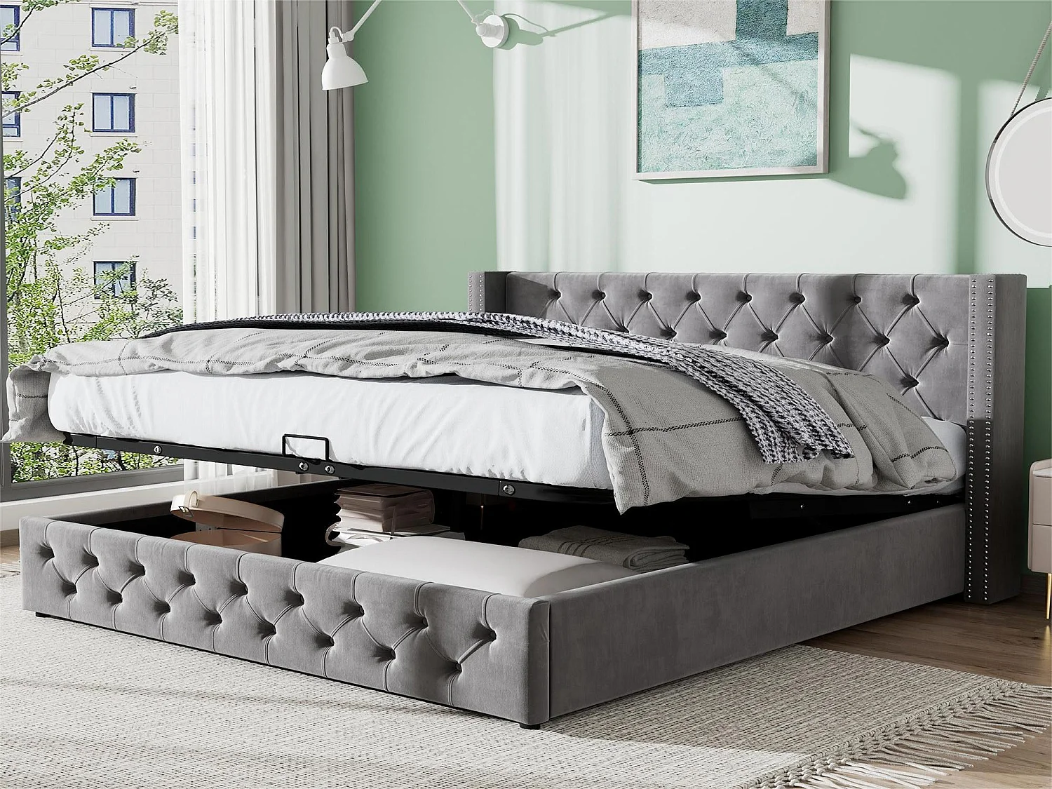140x190cm fluwelen opbergbed met lattenbodem – Grijs