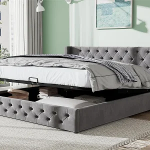 140x200cm fluwelen opbergbed met lattenbodem – Grijs 140x200cm fluwelen opbergbed met lattenbodem – Grijs