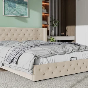 140x200cm fluwelen opbergbed met lattenbodem – Beige 140x200cm fluwelen opbergbed met lattenbodem – Beige