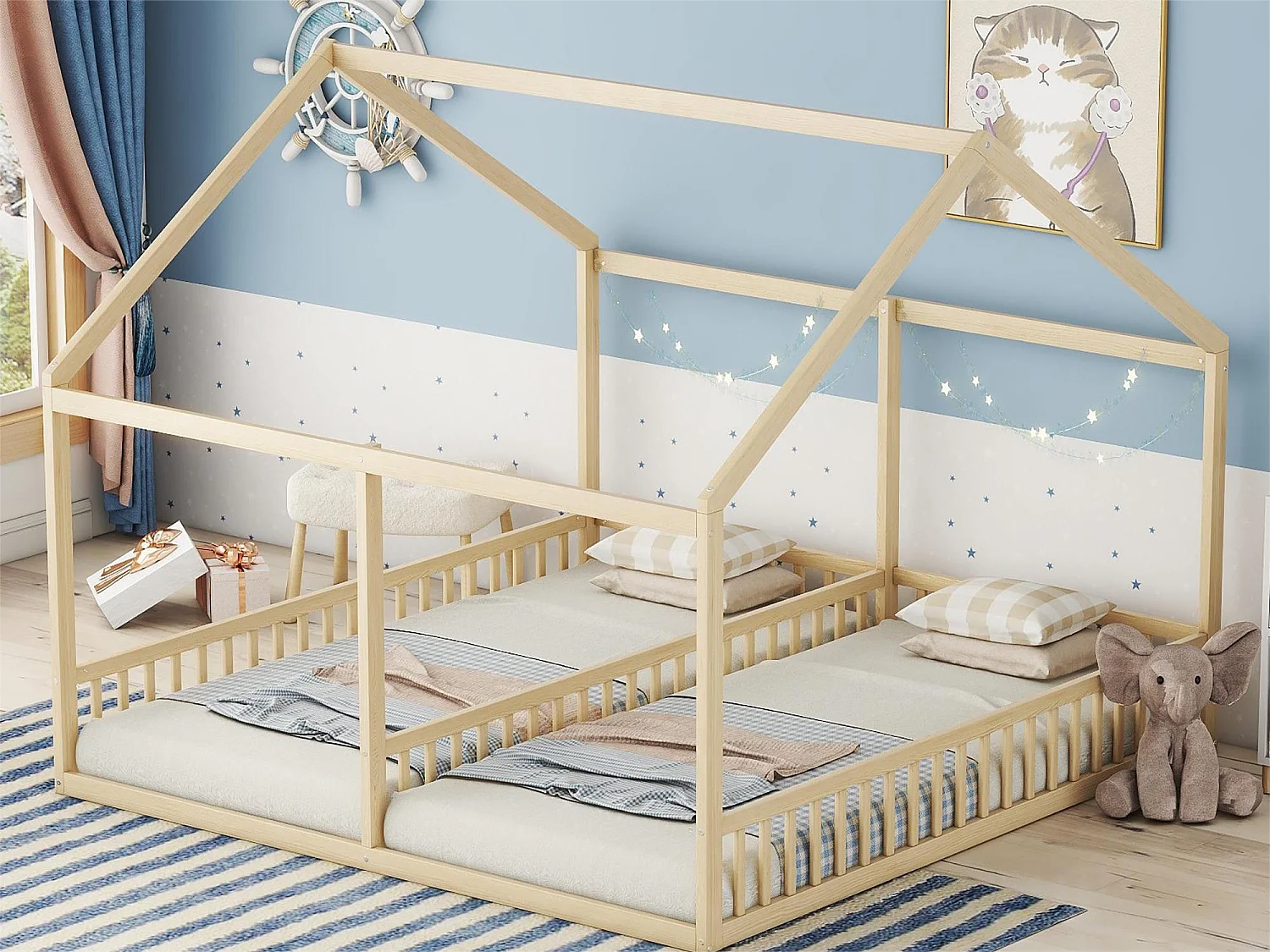 Tweepersoonsbed – 2 x 90 x 200 cm – grenenhout + MDF – natuurlijke kleur