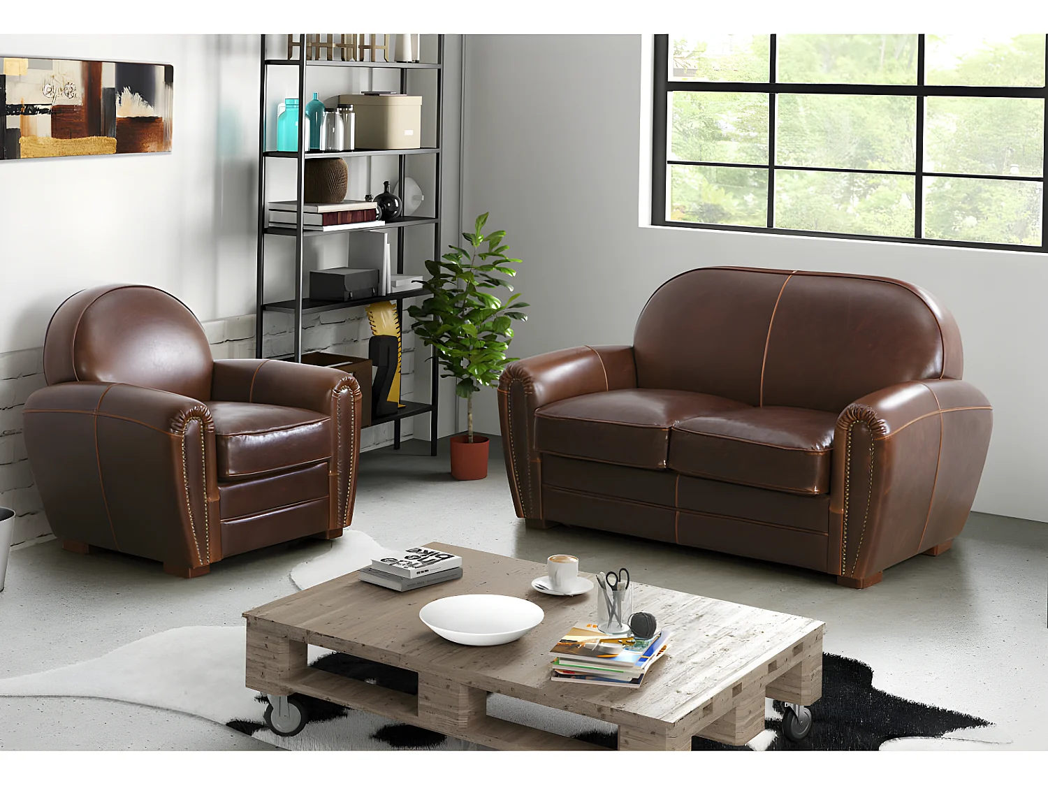 Bank en Fauteuil BAUDOIN van leer met lived-in aspect - bruin
