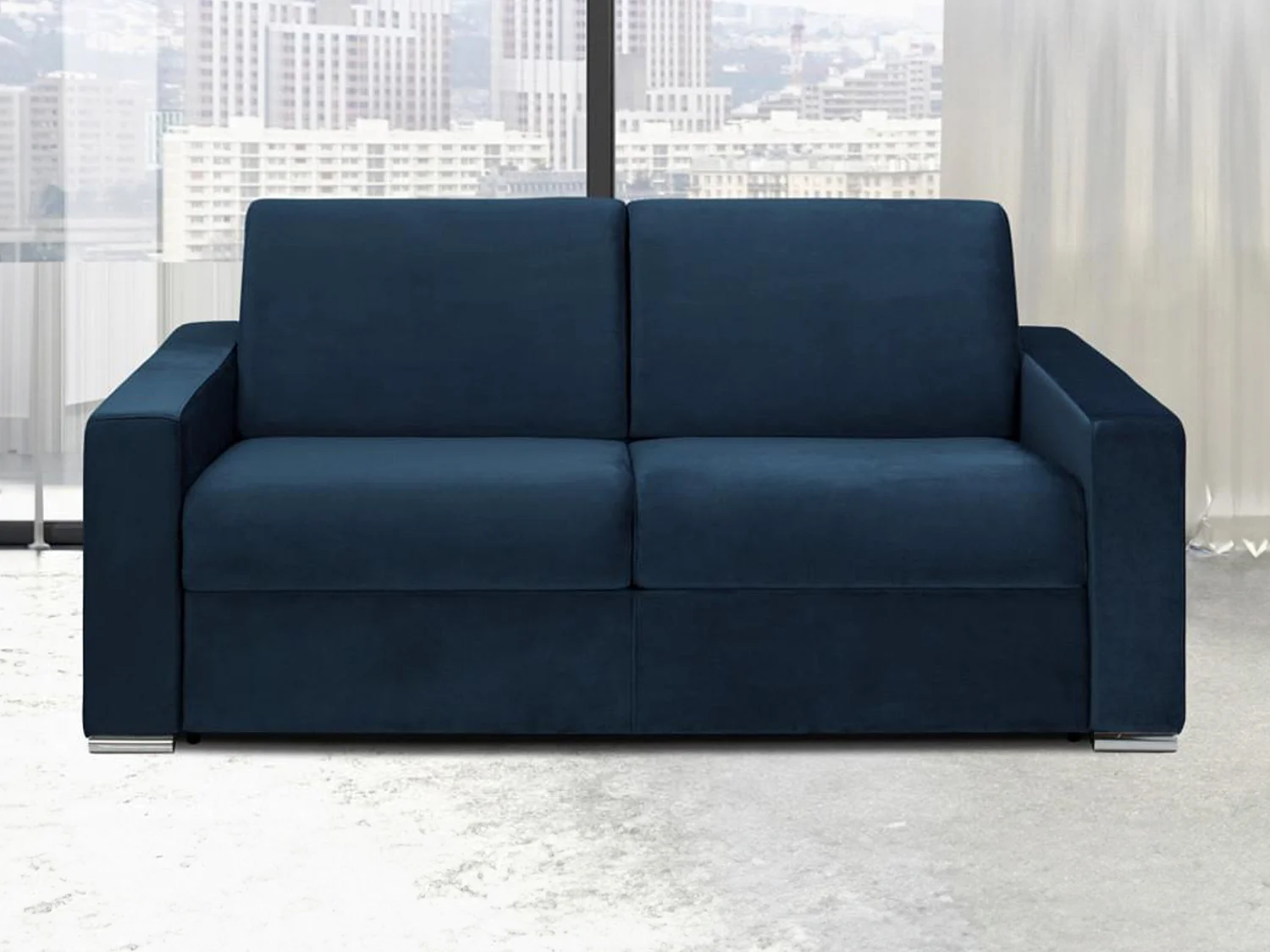 3-zits slaapbank van fluweel CALITO – Nachtblauw – Slaapafm. 140 cm – matras 18 cm