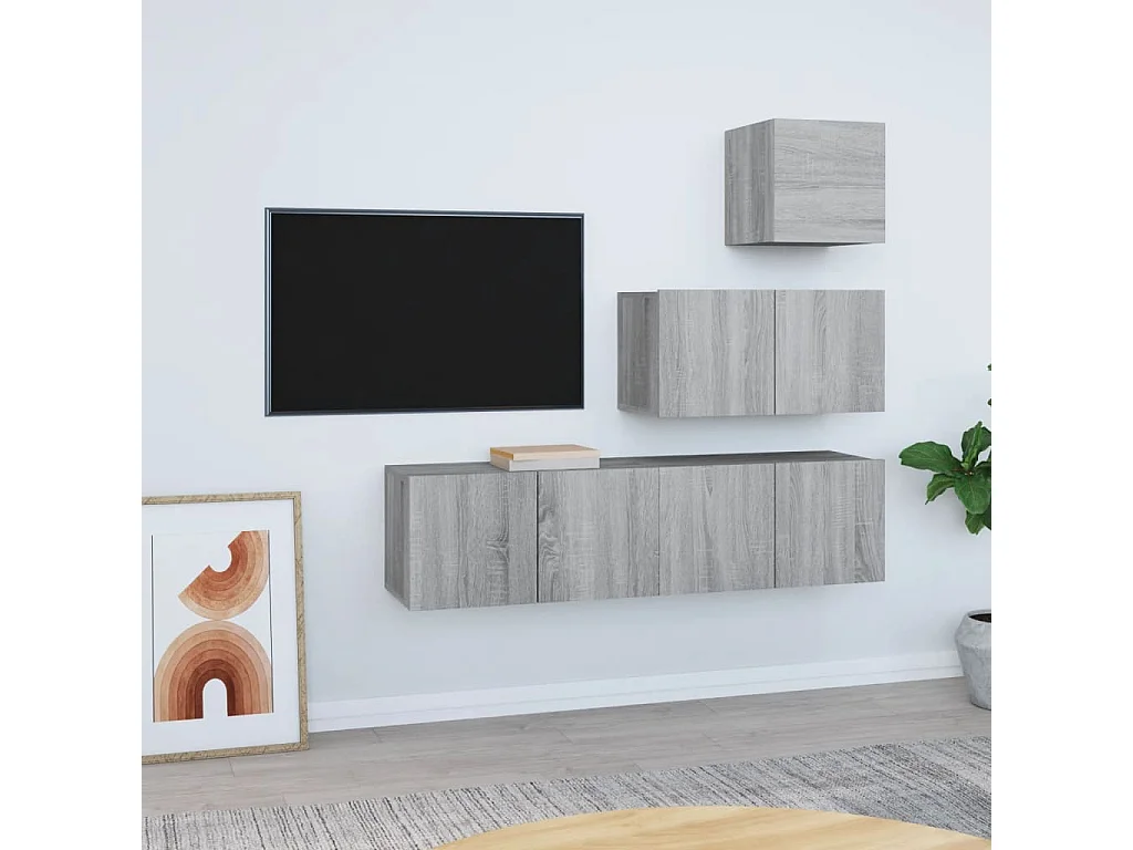 4-delige Tv-meubelset | Tv-Bank | TV-kast bewerkt hout grijs sonoma eikenkleurig