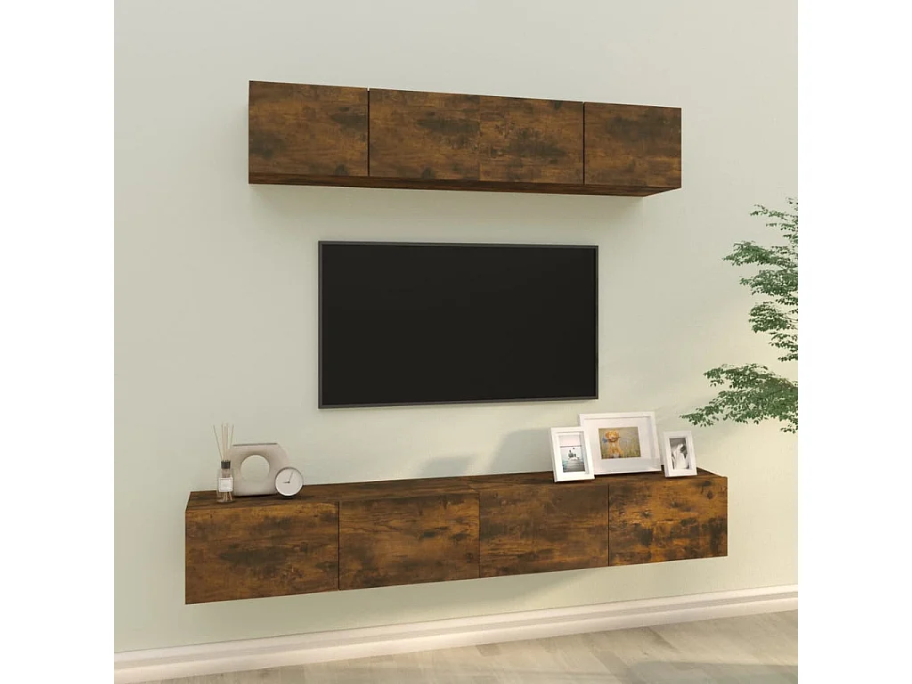 4-delige Tv-meubelset | Tv-Bank | TV-kast bewerkt hout gerookt eikenkleurig