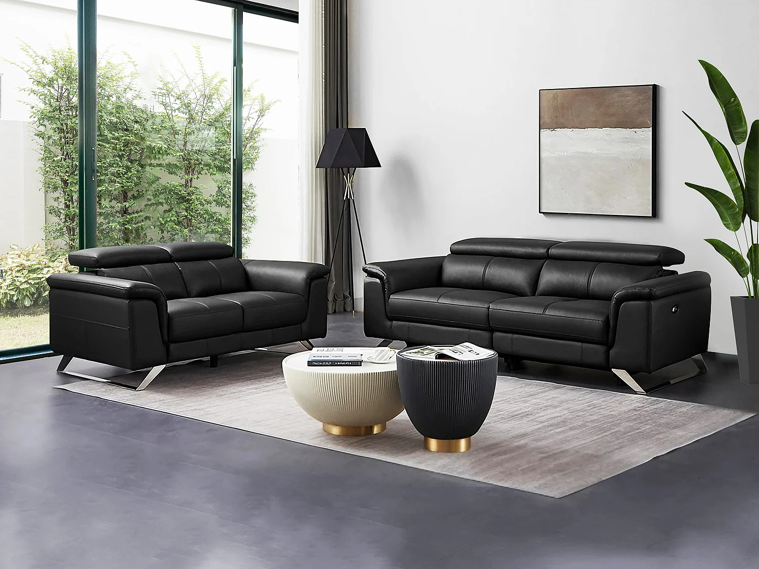 3 zits elektrische sofa met 2 zitplaatsen van zwarte koeienhuid BREYT II - Koop nu online