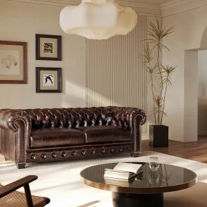 Driezitsbank Chesterfield BRENTON 100% buffelleer – Bruin Driezitsbank Chesterfield BRENTON 100% buffelleer – Bruin