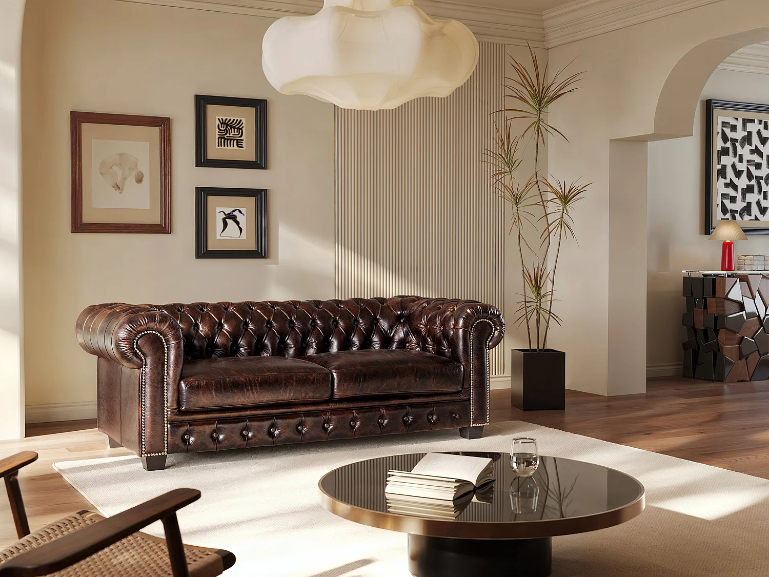 Driezitsbank Chesterfield BRENTON 100% buffelleer - Bruin