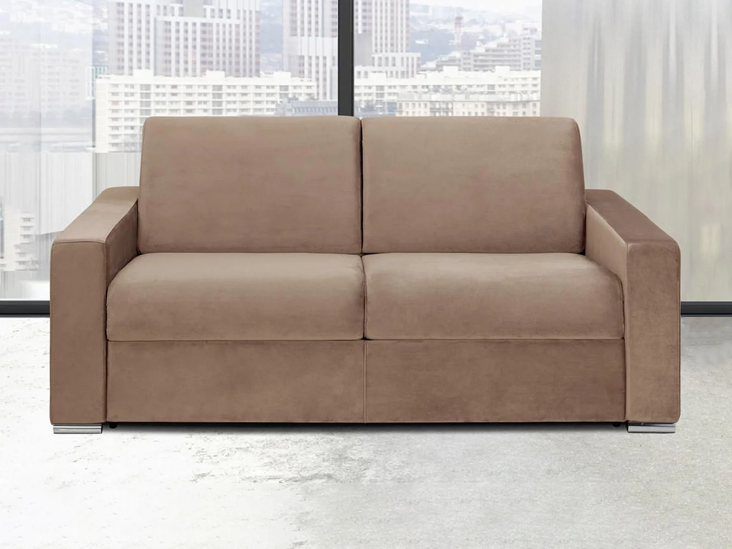 3-zits slaapbank van fluweel CALITO - Beige - Slaapafm. 140 cm - matras 14 cm - Koop nu