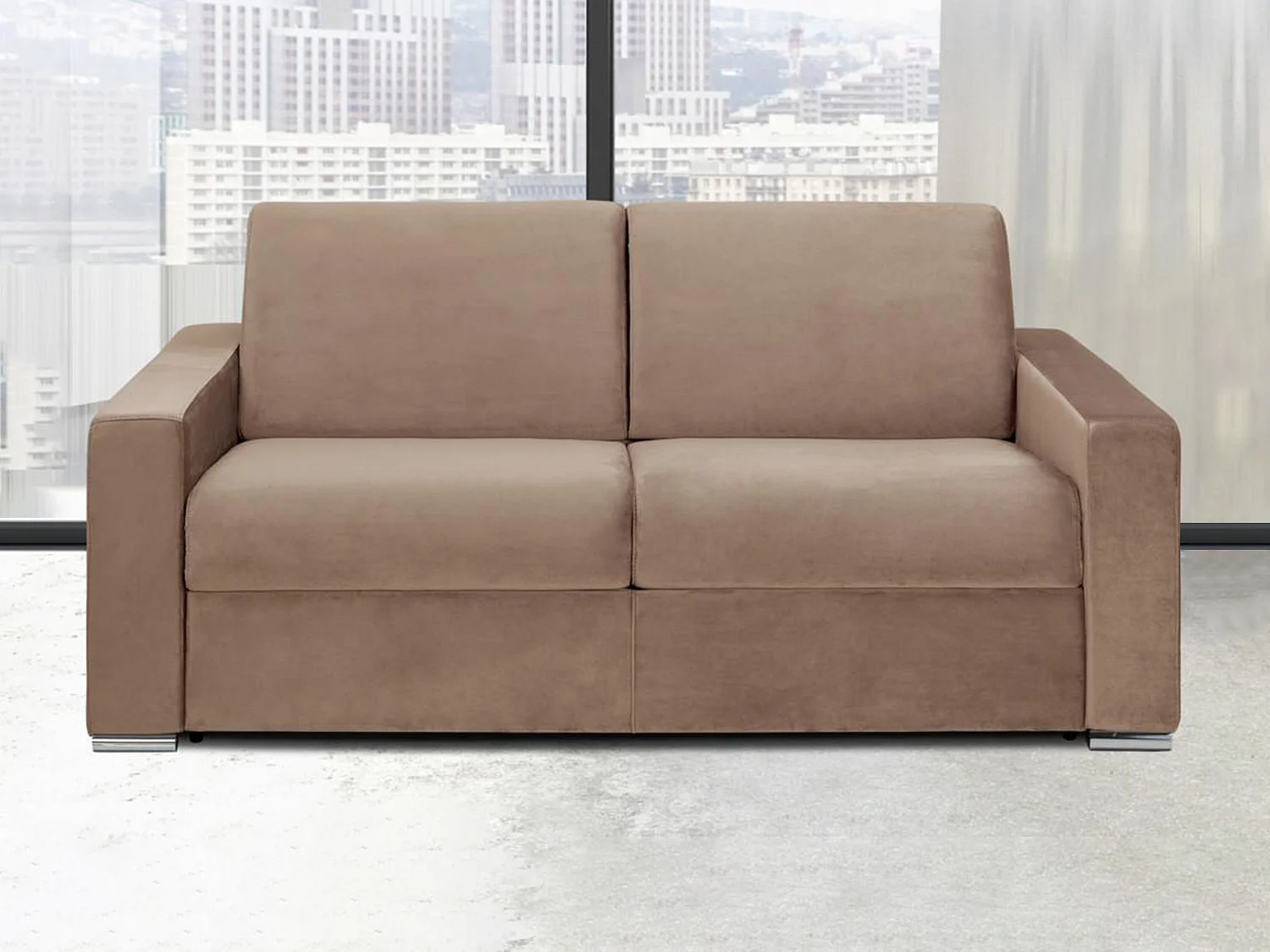 3-zits slaapbank van fluweel CALITO - Beige - Slaapafm. 140 cm - matras 18 cm - Koop nu