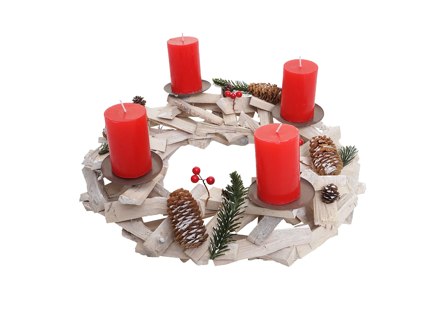 Adventskrans rond hout zonder kaarsen, met kaarsen, rood