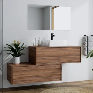 Hangend badkamermeubel met enkele wastafel, donker naturel, 2 lades, 94 cm, TEANA Hangend badkamermeubel met enkele wastafel, donker naturel, 2 lades, 94 cm, TEANA
