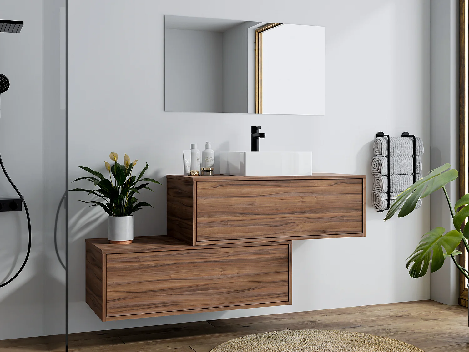Hangend badkamermeubel met enkele wastafel, donker naturel, 2 lades, 94 cm, TEANA