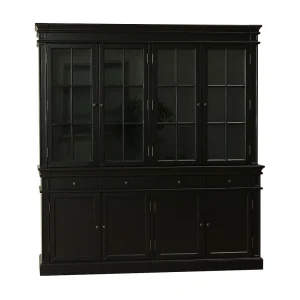 Amaretta vitrinekast 4 deuren, zwart antiek gepatineerd. Breedte 186 cm, hoogte 200 cm.