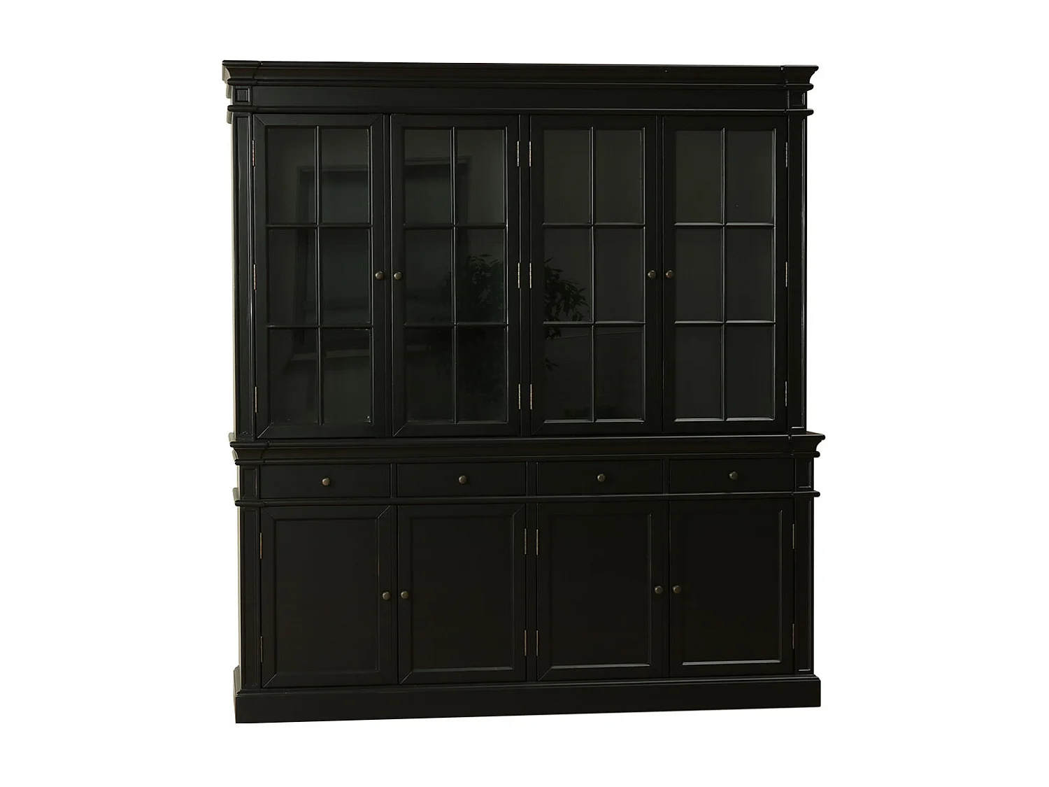Amaretta vitrinekast 4 deuren, zwart antiek gepatineerd. Breedte 186 cm, hoogte 200 cm.