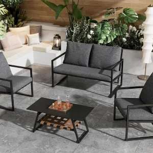 4-zits tuinmeubelen – bank, 2 fauteuils en 1 salontafel met plank – gegalvaniseerde stalen buis en PVC banden – afneembare en wasbare kussens – Zwart 4-zits tuinmeubelen – bank, 2 fauteuils en 1 salontafel met plank – gegalvaniseerde stalen buis en PVC banden – afneembare en wasbare kussens – Zwart
