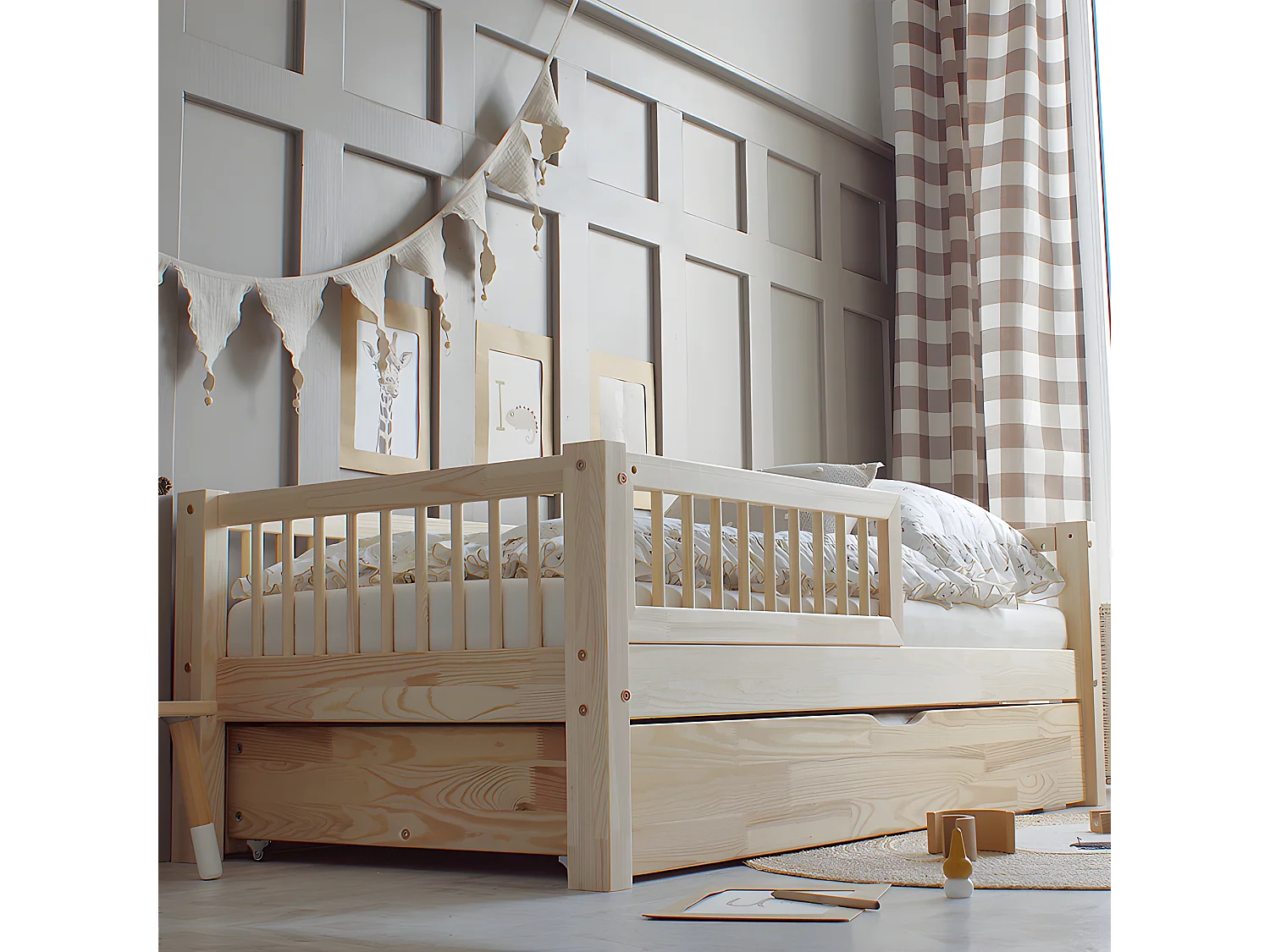 Bed 90x190 barrière lattenbodem en lade inclusief Adèle Bois