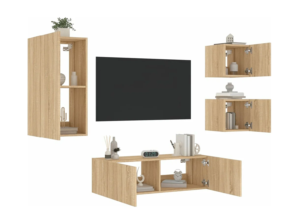 4-delige Tv-wandmeubelset met LED-verlichting sonoma eikenkleur NL928816