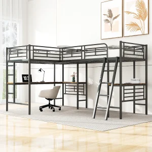 Tweepersoonsbed mezzanine – 2 x 90 x 200 cm – met hoekbureau en ladders – metaal – zwart