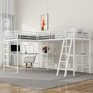 Tweepersoonsbed mezzanine – 2 x 90 x 200 cm – met hoekbureau en ladders – metaal – wit