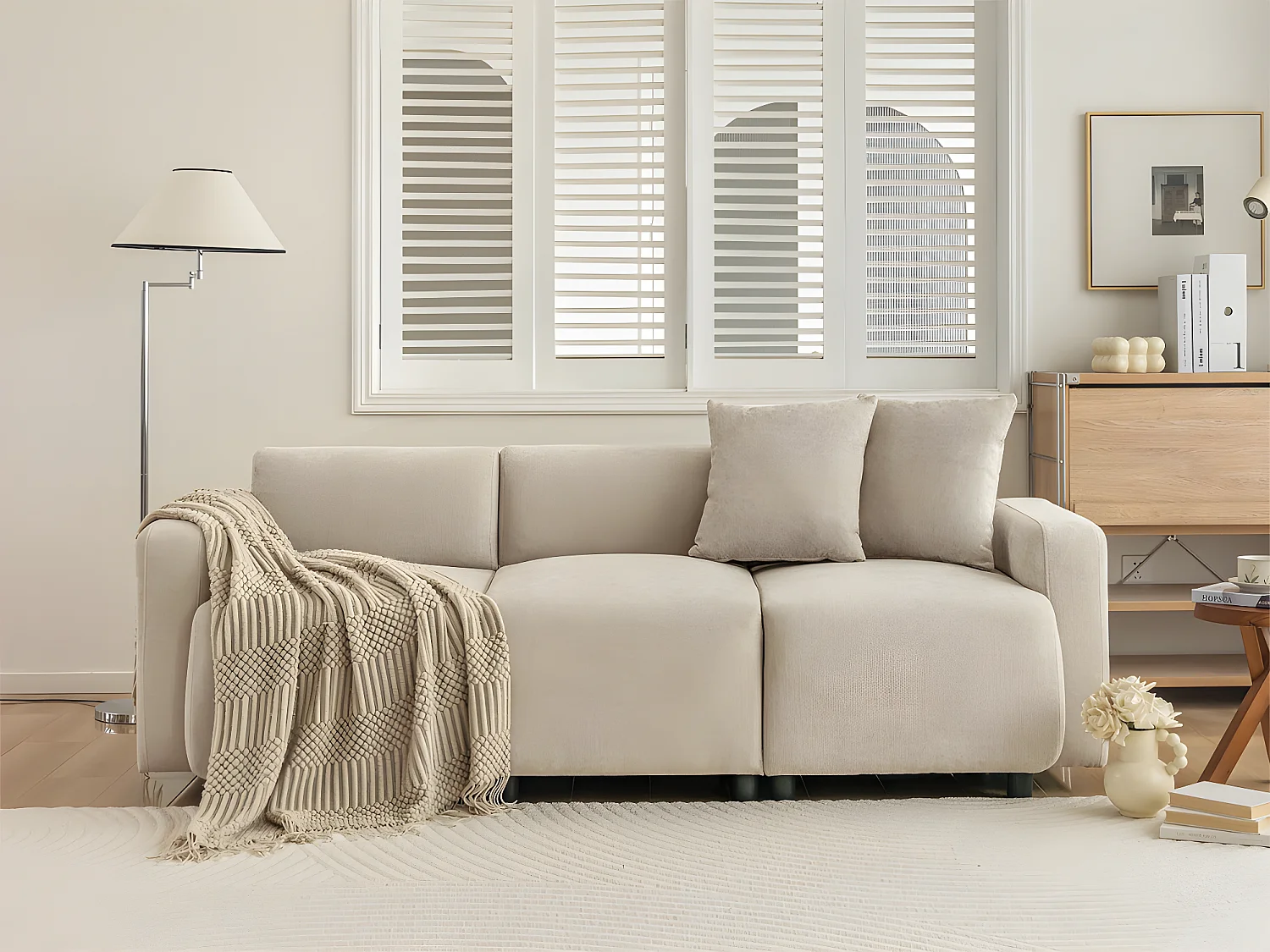 3-zitsbank in Chenille-stof met 2 kussens - slaaphoogte 211 cm - Beige
