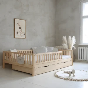 Bed 140×200 met barrière lattenbodem en lades inclusief Agnès Bois Bed 140×200 met barrière lattenbodem en lades inclusief Agnès Bois