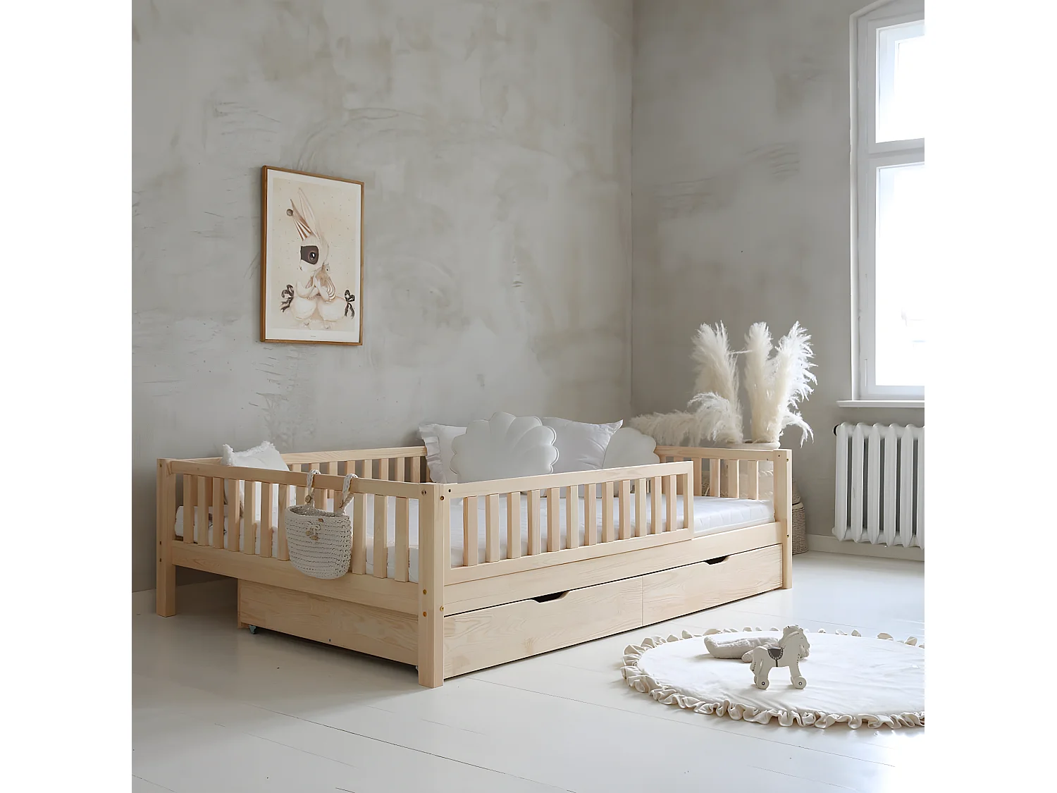 Bed 140×200 met barrière lattenbodem en lades inclusief Agnès Bois
