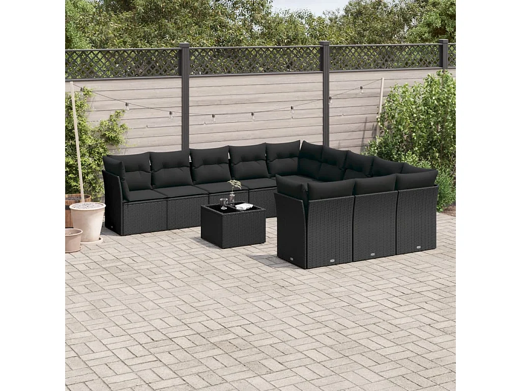 12-delige Loungeset met kussens poly rattan zwart