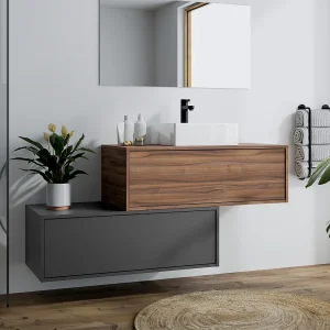 Hangend badkamermeubel, donker naturel en antraciet, 2 lades, TEANA Hangend badkamermeubel, donker naturel en antraciet, 2 lades, TEANA