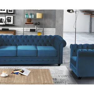 Driezitsbank en fauteuil CHESTERFIELD – fluweel – blauw Driezitsbank en fauteuil CHESTERFIELD – fluweel – blauw