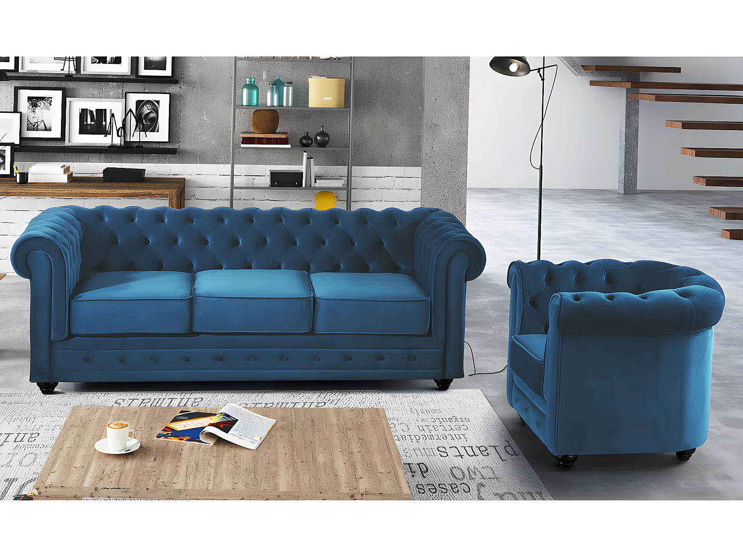 Driezitsbank en fauteuil CHESTERFIELD - fluweel - blauw