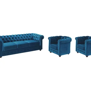 Driezitsbank en 2 fauteuils CHESTERFIELD – fluweel – blauw
